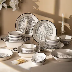 18/31/40 piece floral ceramic tableware set, French style, black and white color matching, can hold delicious dishes such as salad, chicken wings, steak, pasta, etc., suitable for family restaurants, Western restaurants and other places.Cutlery Aesthetic