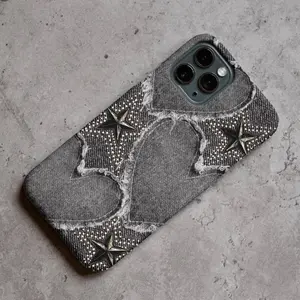 Durable Protective Polycarbonate Phone Case, Black Jean Patch Accessory with Retro Detailing, Slim Fit, Edgy Dark Denim Design, Phone Shell