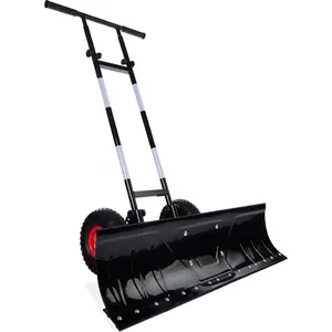 36in Galvanized Blade Heavy-Duty 2-Wheel Snow Pusher Hand Plow for Snow Removal w/Wheels, Adjustable Handle, Blade Angle - Black
