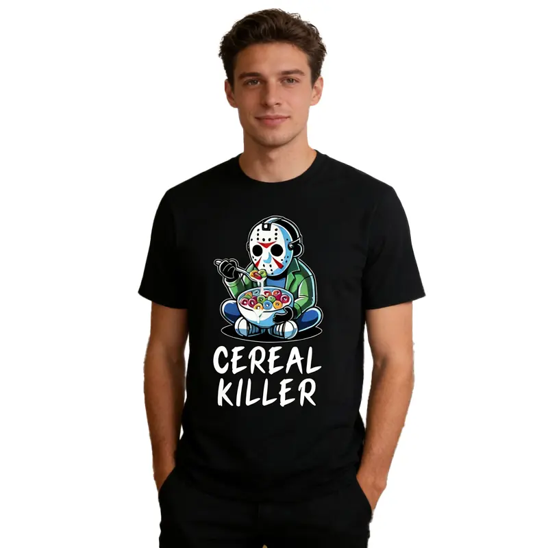 Men's Fun Horror Cereal Mix Graphic T-Shirt, Fun Cereal Killer Shirt - Black Loose Street Trend T-Shirt - Machine Washable Four Seasons Casual Top for Halloween and Comic-Con - Gift for Horror Fans, Halloween Costume, Breathable Clothing, Playful Design,