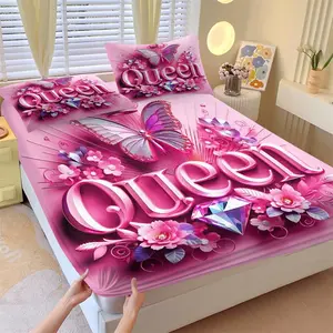 3pcs Noble Queen Size Bedding Set, Queen Sheets, Diamond Flower Fitted Sheet Set, Crown Butterfly Print Design, Suitable for Girls' Bedroom Bed Decoration, Soft and Breathable, Contemporary Style, Includes 1 Fitted Sheet and 2 Pillowcases