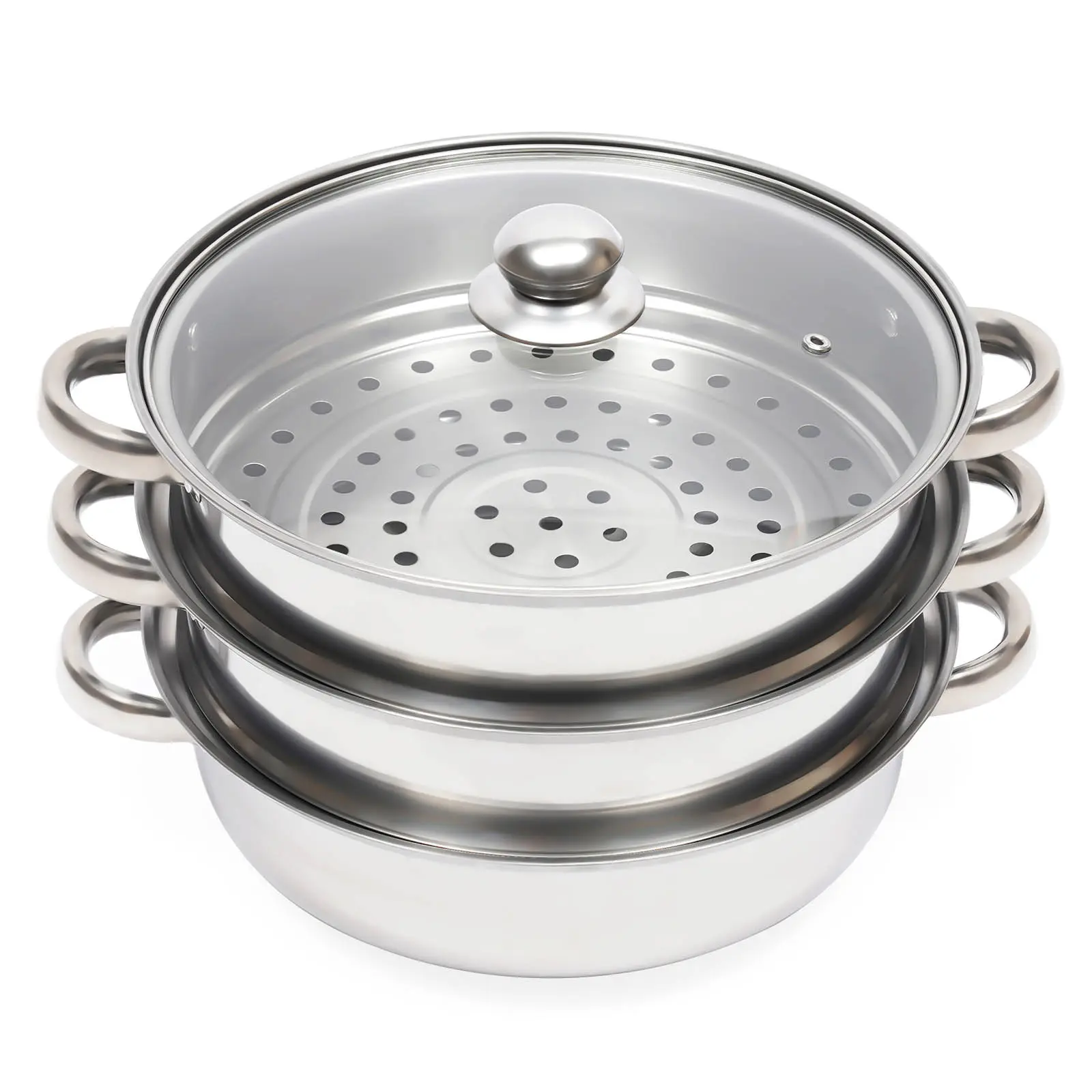28cm (11in) Round 3-Tier Stainless Steel Steamer Cookware with Handle, 2026 Trending Polished Design, 1.6kg/3.52lbs, Dishwasher Safe, Compatible with Induction, Gas & Electric Stoves, for Seafood Steaming