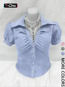 2026 Women's Striped Print Collared Shirt, Elegant Fashion Casual Puff Sleeve Top for Daily Outdoor Wear, Women Clothing Summer, Classy, Comfy, Trendy, Wardrobe Essential, Modern, Versatile, Cozy, Effortless Style