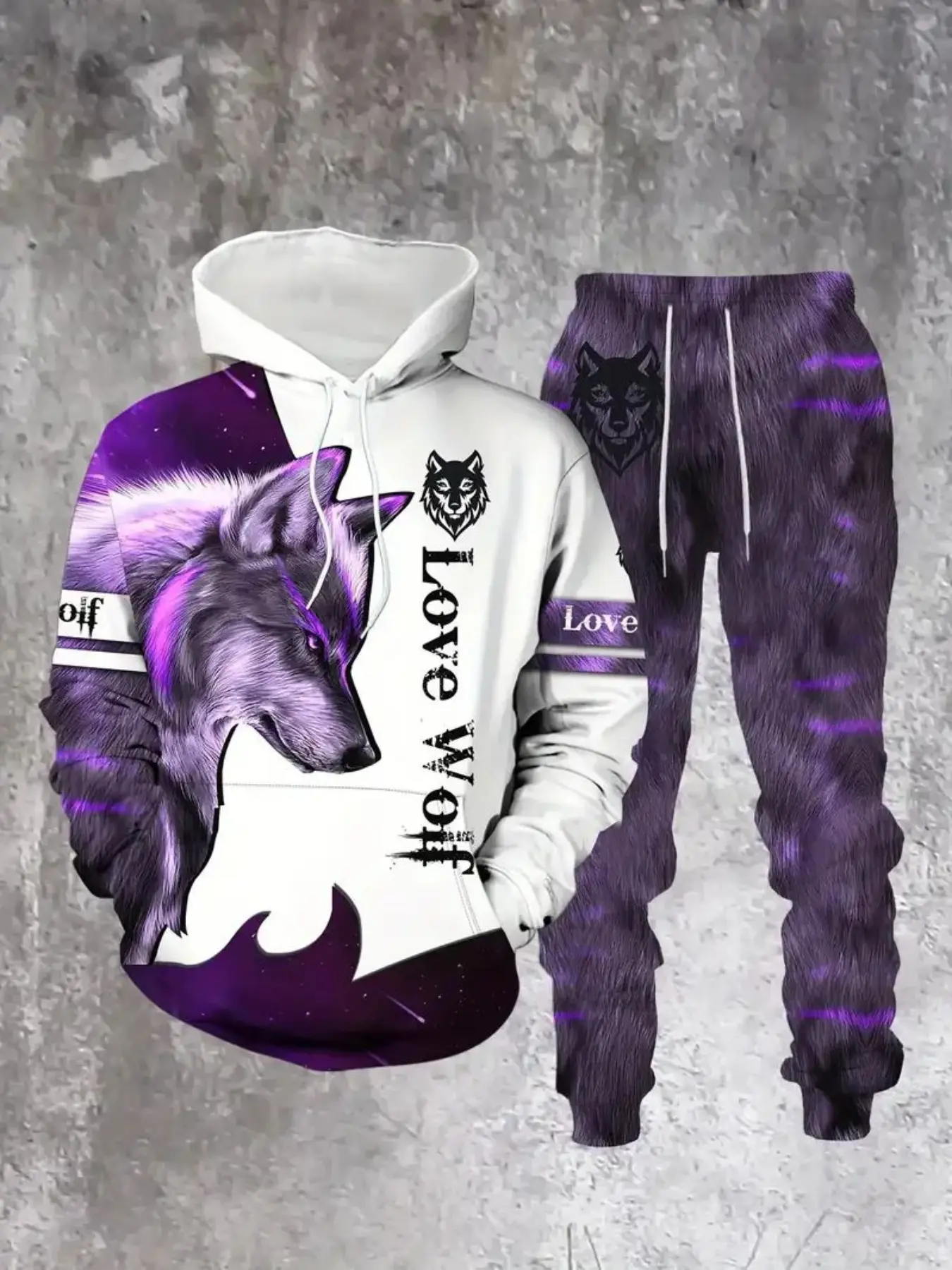 Men's Wild Wolf Print Hoodie Set, Long Sleeves, Comfortable Polyester Fabric, Perfect for Spring & Fall, Sporty Style