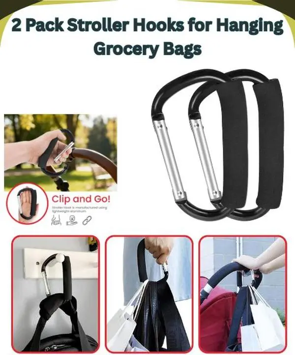 2 Pack Heavy Duty Stroller Hooks for Diaper Bags, Universal Baby Stroller Clips, Large Carabiner Hooks for Grocery Bags, Purse Holder, Stroller Organizer Accessories, Baby Shower Gift for New Moms
