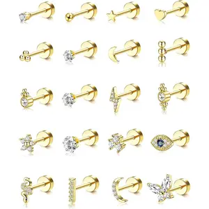 YADOCA 20Pcs Stainless Steel Stud Earrings for Women Men 20G Tiny Cartilage Small Snake Star Moon Ball Butterfly Heart Eye Flower Screwback Flat Back