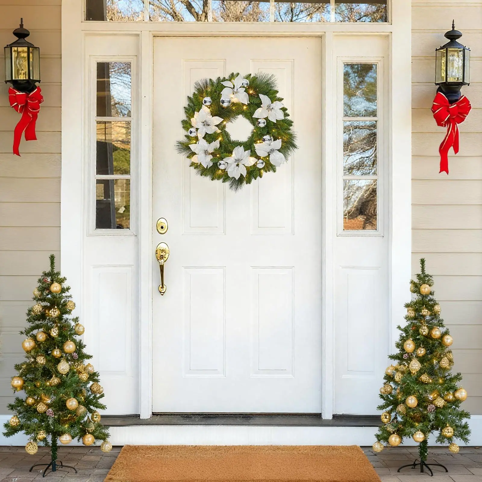 Christmas Wreaths for Front Door, 24 Inch 2 FT Prelit Snowy Flocked Christmas Wreath with Warm White LEDs,Includes Balls & Silver Flowers, Xmas Wall Windows Decorations Home Decor Outdoor Indoor
