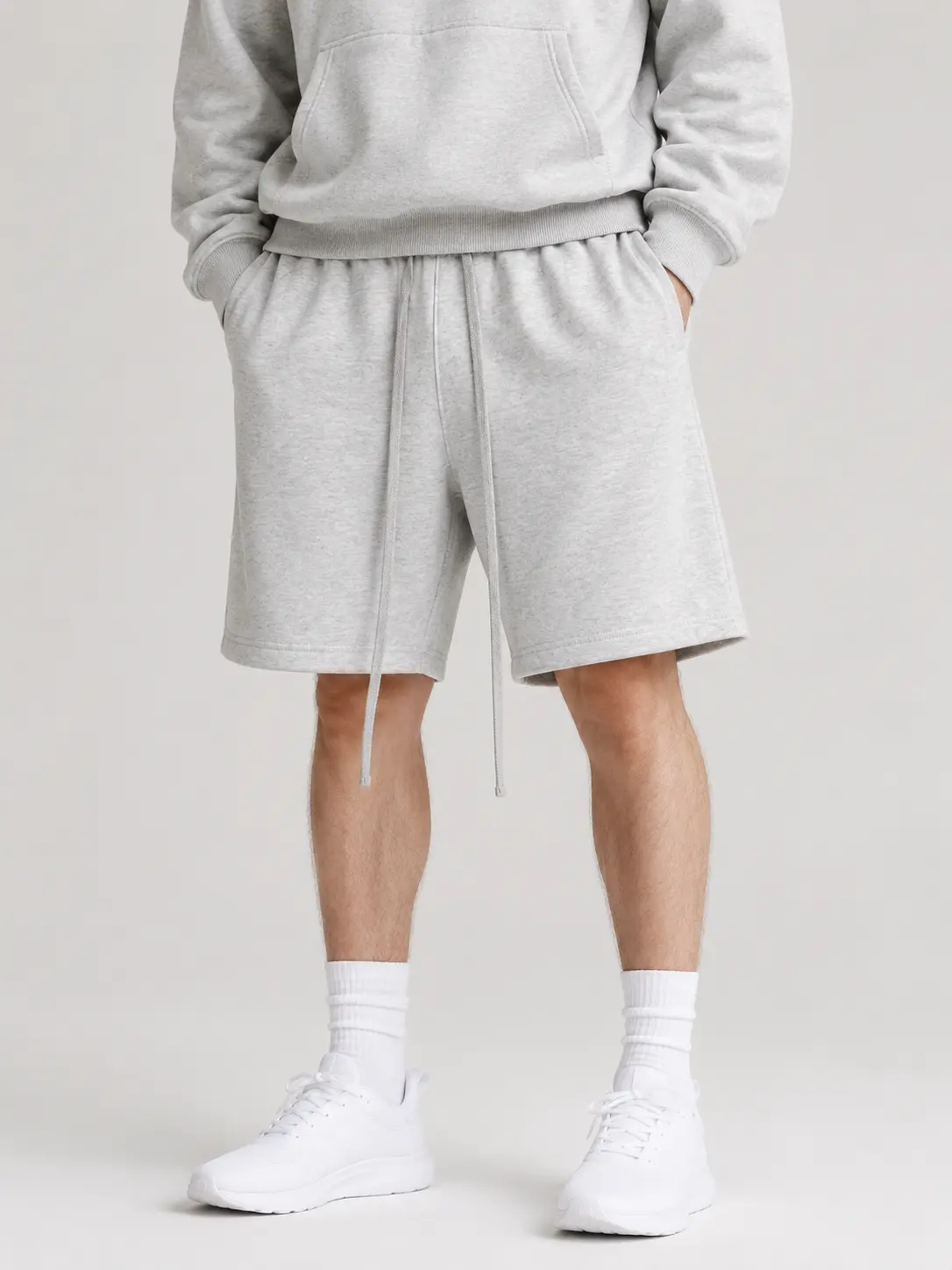 Men's Light Gray Sweat Shorts, Loose Fit Fleece Drawstring Shorts with Pockets, Casual Gym Lounge Shorts