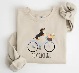 Pharmacists T-Shirt, Sweatshirt - Doxycycline Pharmacy Pun Dachshund On Bicycle Gift For Pharmacists & Technicians Veterinary