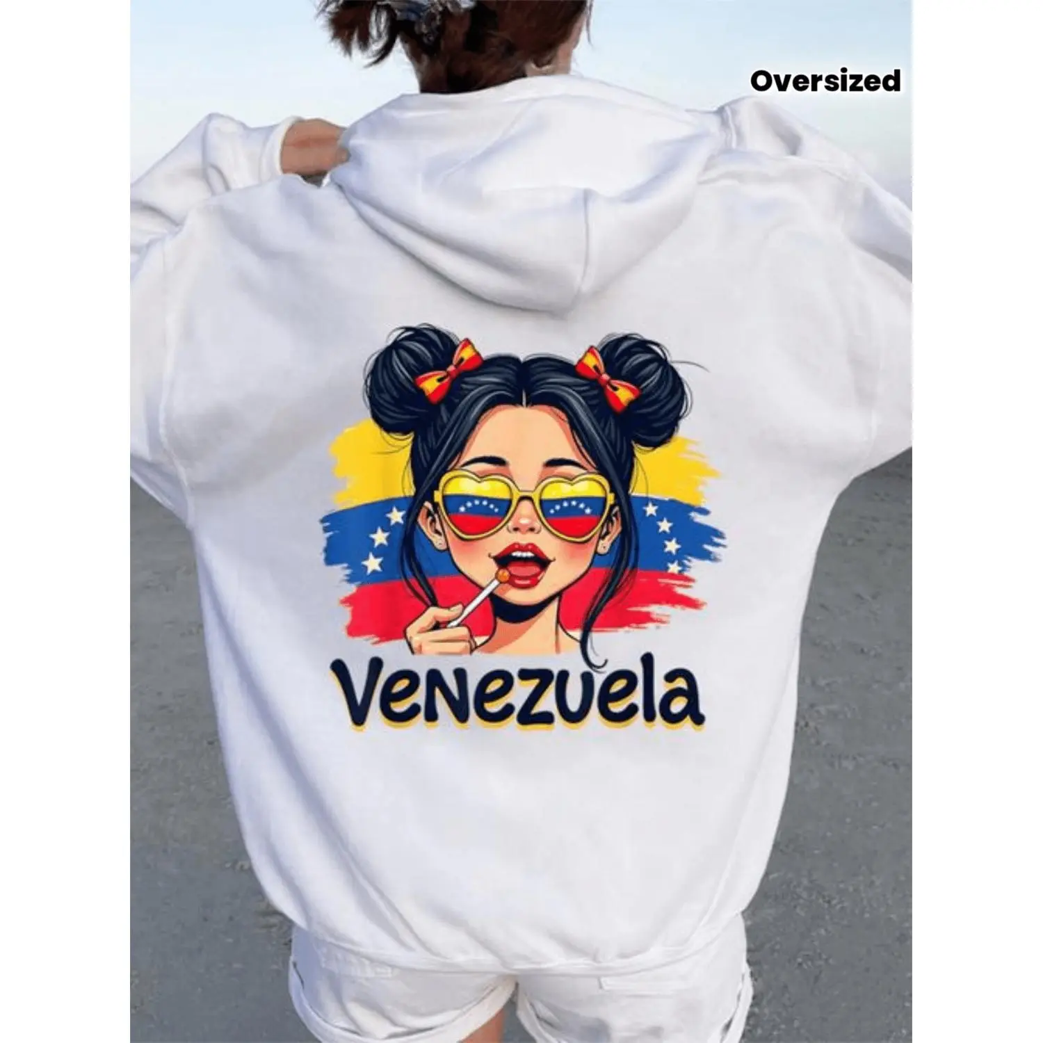 Messy Bun Venezuela Pride Latina Venezuelan Women Oversized Hoodie Back Print Breathable Crew Neck Street Style Sweatshirt for Daily Wear Casual Outings