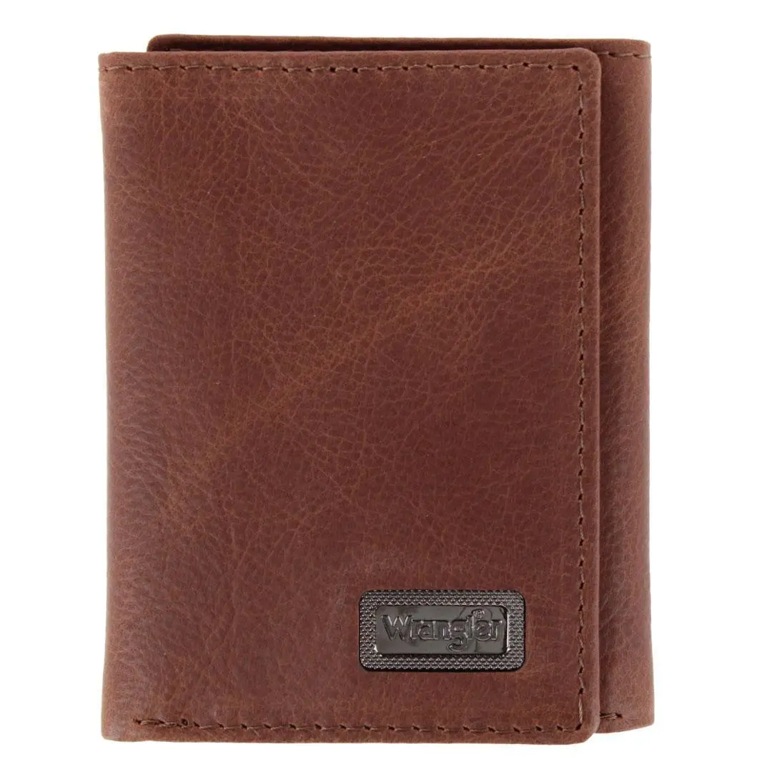 Wrangler Men's One Size Genuine Leather Trifold Wallet - Pebble Grain, Metal Logo, Solid Color, Business Style, Card Slots (Luggage & Bags, Men's Wallets)