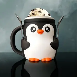Fun Decorative Penguin Shaped 3D Printed Ice Cream Holder Ice Cream Cup with Spoon Slot & Cookie Drawer, Eco-Friendly Pla Material, Fun Dessert Storage Solution, Funny Coffee Mug, Funny Gift Mug