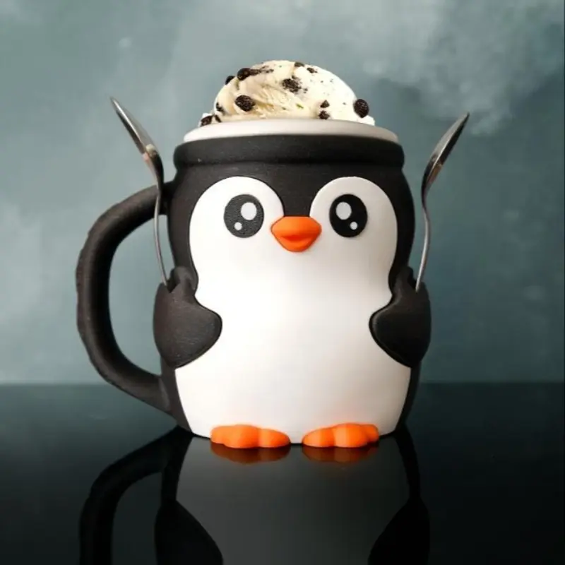 Fun Decorative Penguin Shaped 3D Printed Ice Cream Holder Ice Cream Cup with Spoon Slot & Cookie Drawer, Eco-Friendly Pla Material, Fun Dessert Storage Solution, Funny Coffee Mug, Funny Gift Mug