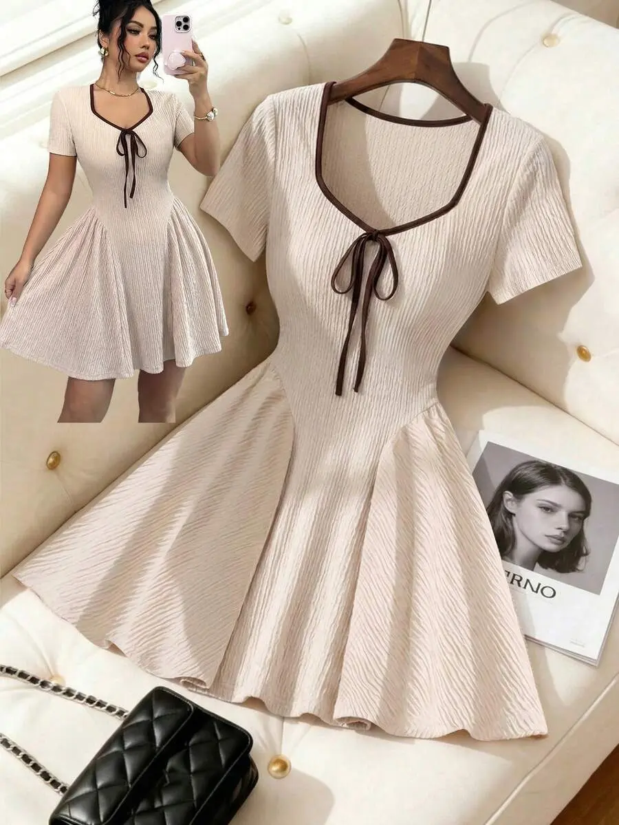 KLEYA Plus Size Apricot Knit Waist Cinched Flared Hem Commuter Dress Elegant Flattering Spring Summer Dress for Women