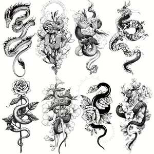 Waterproof Temporary Fake Tattoo Set, 8 Pcs Arm Leg Tattoos Featuring Dragon Snake Rose Flower Designs, Perfect for Party & Daily Use
