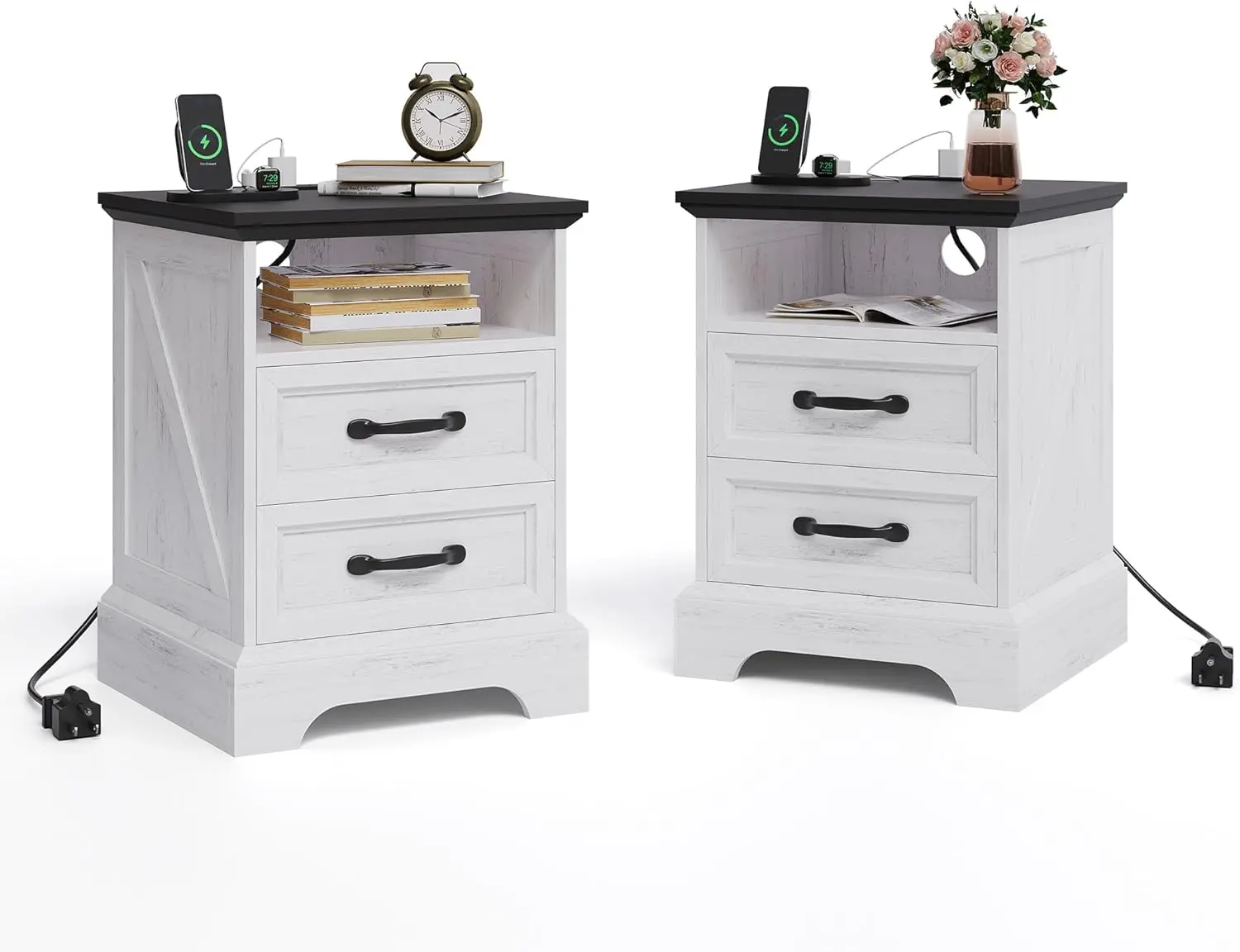 GAOMON Farmhouse Rustic Nightstand (Set of 1/2) with Charging Station, MDF Wood Bedside Table with 2 Drawers, USB Ports, Dual Outlet, Cable Management, Sturdy Base, White Accent, Assembly Required for Bedroom, Living Room, Farmhouse At Night, Clean Aesthe