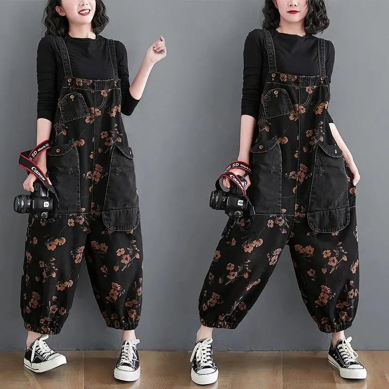 Women's Sporty Sports Clothing Sets, New Loose Floral Print Denim Overalls, Black Strappy Jumpsuit with Big Pockets, Casual Oversized Baggysweatpants for Everyday Wear (Gift Option) 11