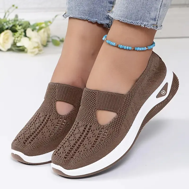 Women's Breathable Knit Slip-On Sneakers - Lightweight Comfortable Low-Top Shoes with Cut-Out Design, Flexible PVC Sole, All-Season Wear, Round Toe in Red, Beige, Green, Blue, Black, Purple Footwear Classic Stylish