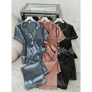 Women's Satin Pajama Set 3 Sets Solid Casual Short Sleeve Buttons Lapel Top & Pants Comfortable Relaxed Fit Nightwear Loungewear