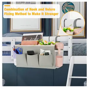 Grey Bedside Storage Organizer with Water Bottle Holder, Mesh Pockets, Durable Canvas & Metal Construction, Fits Bunk/Bed Rails up to 1.97 in Diameter