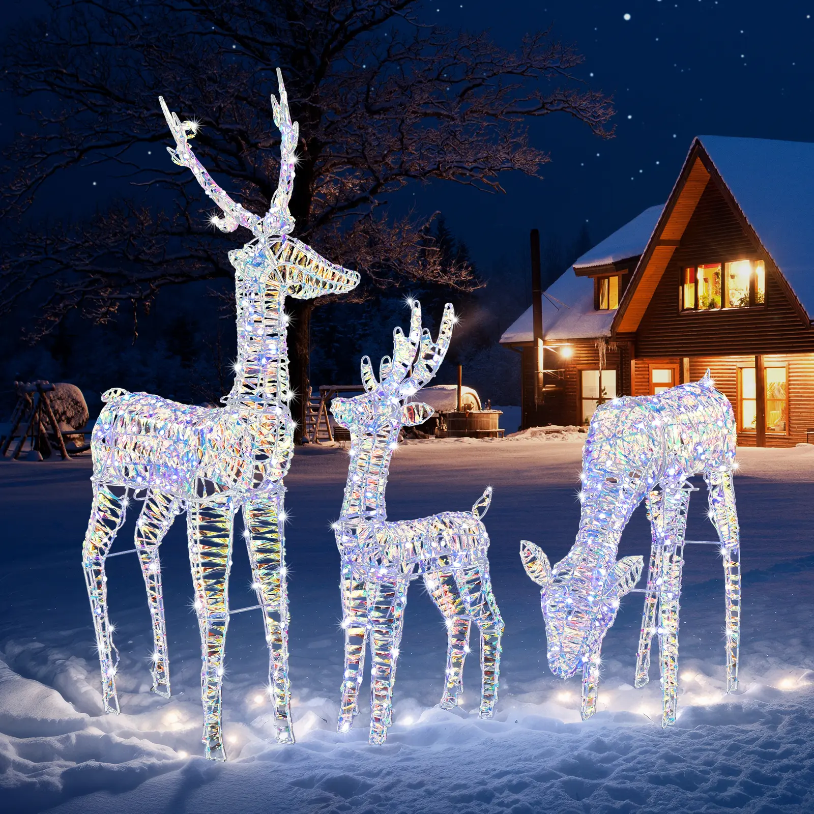 Lighted Reindeer Christmas Decoration, 3-Piece Deer Family Set with Pre-lit 270 LED, Christmas Deers for Outdoor Indoor Ornament with Ground Stakes, Timer Remote Control, Plug-in, Transparent