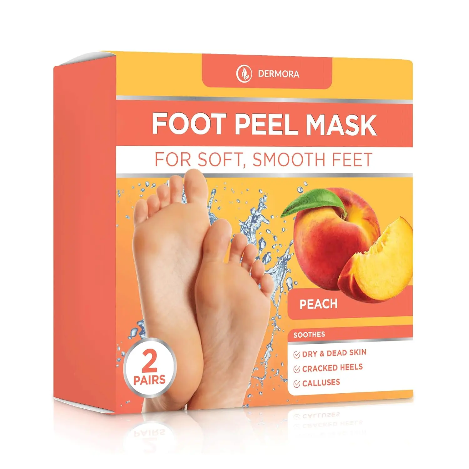 DERMORA Peach Foot Peel Mask, 2 Pairs, Exfoliating Foot Mask for Dry Feet