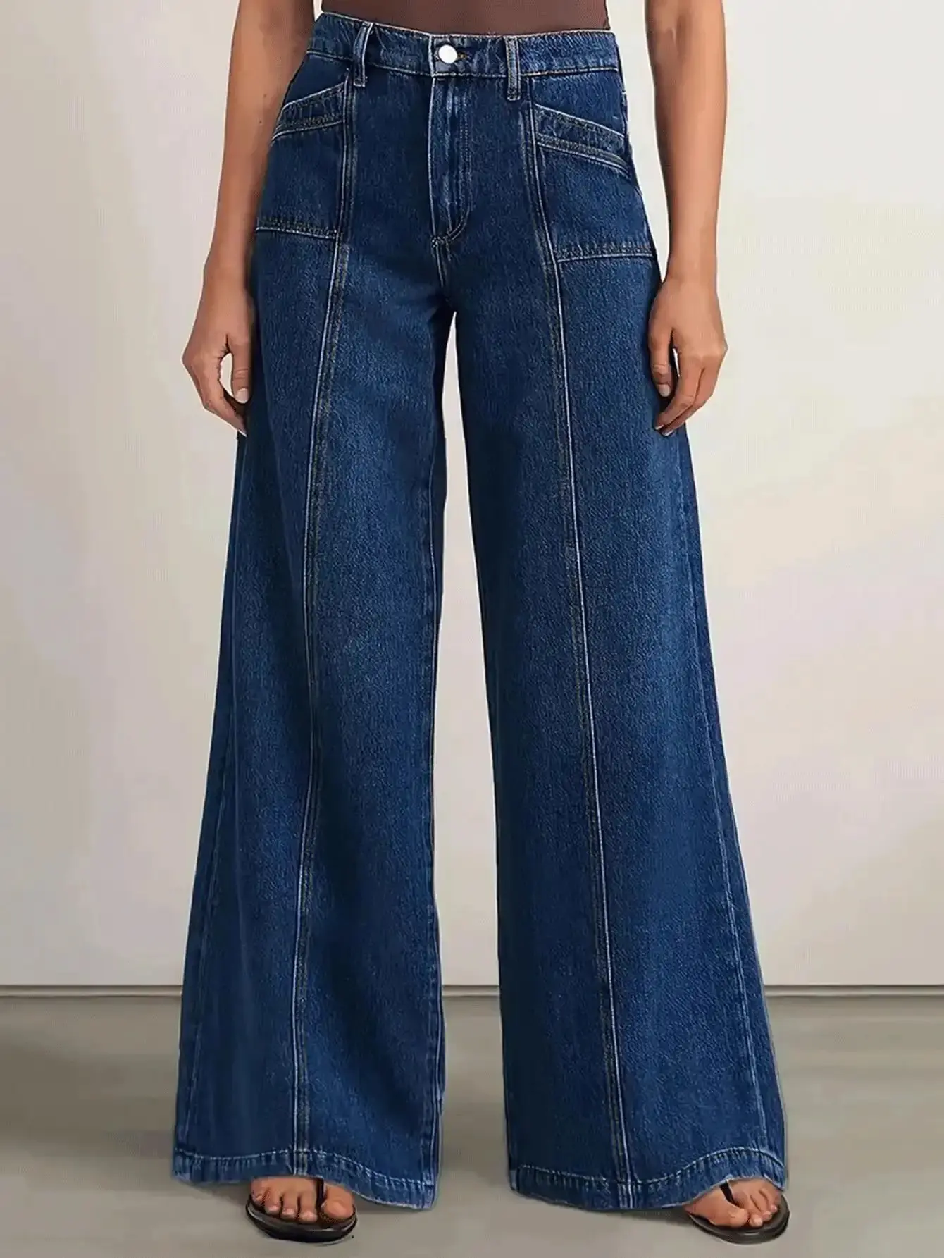 Women's High-Waist Contrast-Stitch Wide-Leg Dark Blue Panel-Seam Baggy Denim Jeans, Yellow Belts Included, Soft Fabric Bottoms for Casual Wear, Blouses