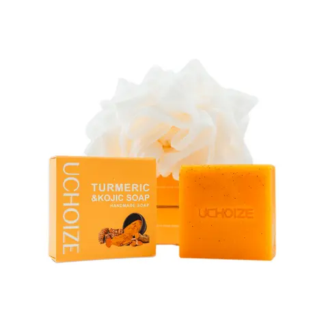 UCHOIZE 3-Pack 300G Turmeric Blend-Kojic Acid Handmade Cleansing Soap Set (with Loofah, 90% of People Choose) - Body Care Cleanser with Shea Butter, Hyaluronic Acid, Organic Lemon for Daily Face/Body Brightening & Skin Repair