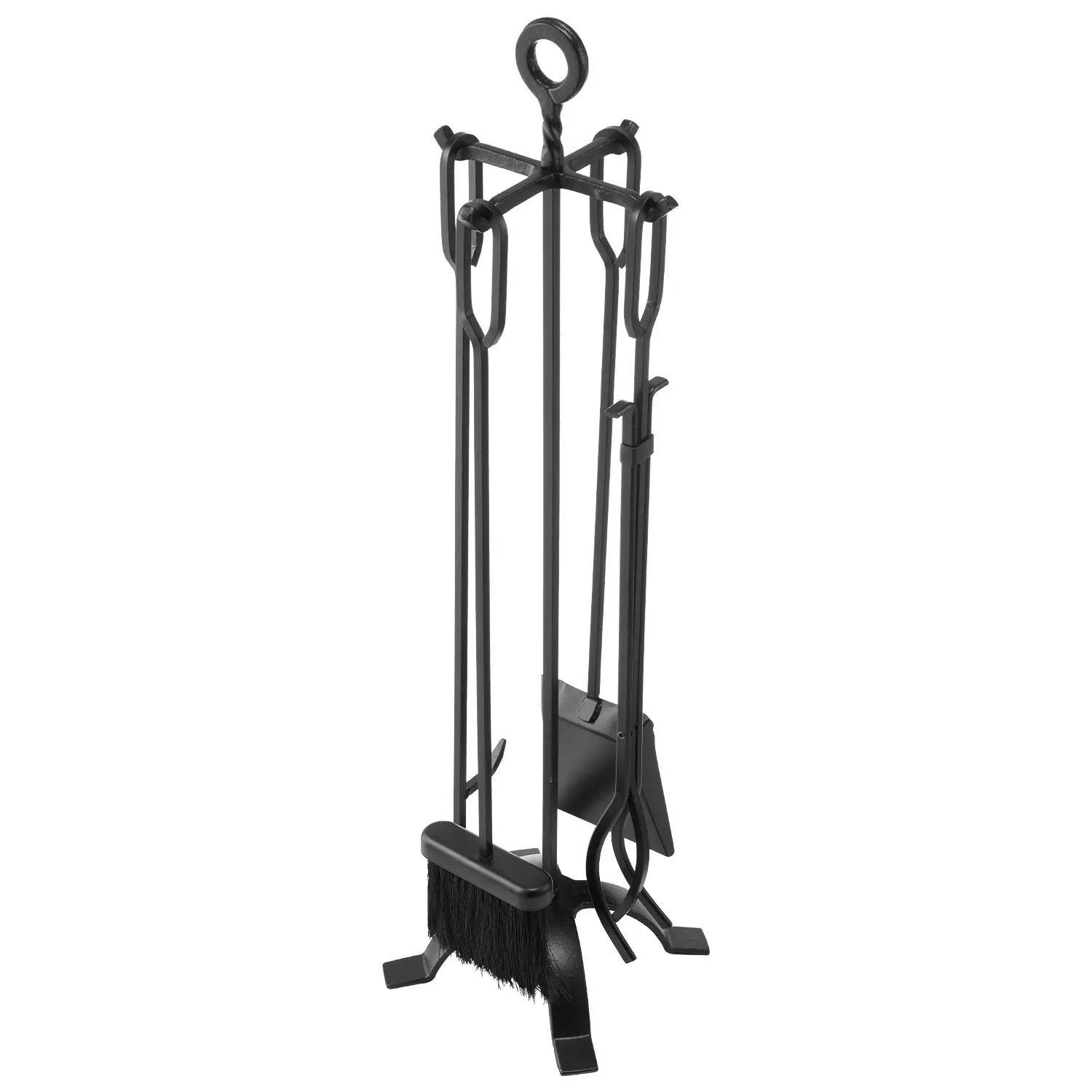 【Summerfinds】VEVOR Fireplace Tool Set,5 PCS Fire Tool Set and Holder with Four-Prong StandTongsAsh ShovelBrushFire Place PokerWrought Iron Fireplace Accessories for Campfire Indoor/OutdoorBlack