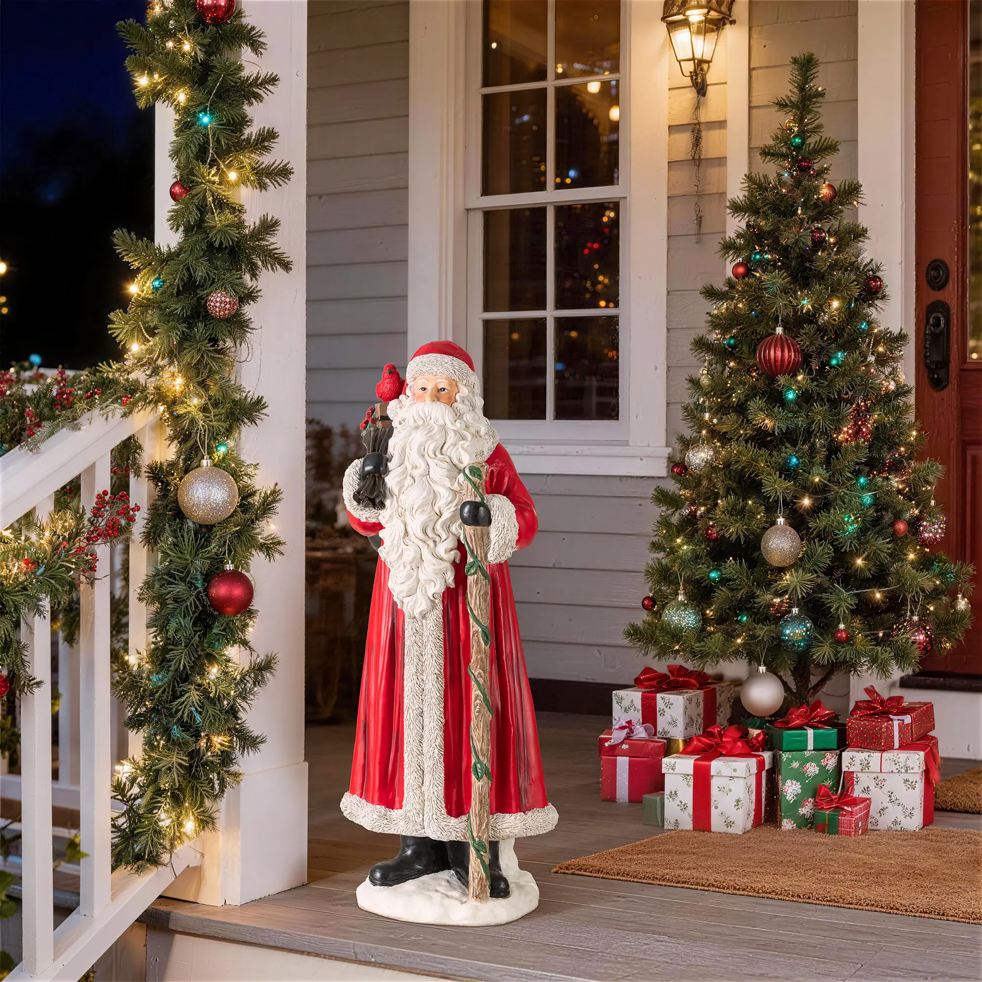Glitzhome 27.5 in Durable MGO Material Traditional Christmas Santa Figure Porch Decoration, Festive Ornaments, Holiday Gift with Cardinal Accent