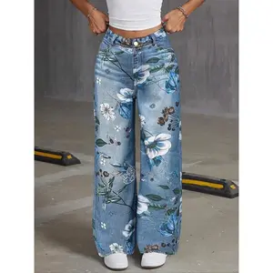 Women's pocket denim effect printed pants, casual and comfortable denim effect printed pants, suitable for daily wear, all season women's underwearRAIMENTRY