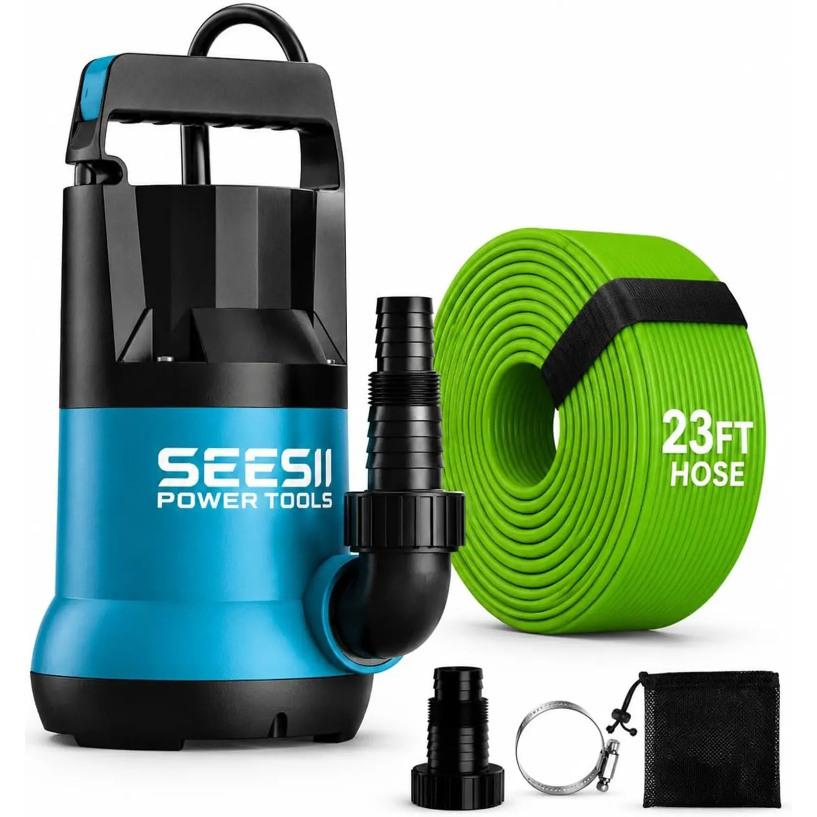 SEESII 1HP Submersible Water Pump, 4755GPH High Flow Sump Pump with 23ft Hose Kit, Anti-Clogging Filter Net for Swimming Pool Hot Tub Pond Basement Rooftop Garden Water Removal toolupgrade