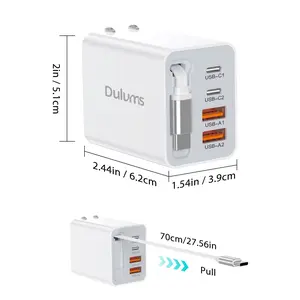 4-in-1 Fast Charger, 50W With Retractable Cord Charger, Wall Type C Charging and 4-Port PD Charger, Suitable for iWatch Ultra/9/8/7/6/SE, iPhone 17 16 15 Pro Max, iPad, AirPods, Galaxy Series, etc.