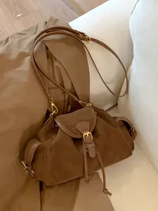 personality versatile retro shoulder bag, niche design leather stitching buckle with drawstring adjustable shoulder strap shoulder bag,   suitable to daily commuting, shopping and dating travel shoulder bag.