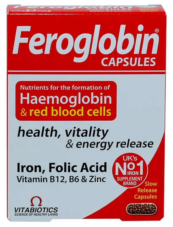 Feroglobin Slow-Release Iron Vitamin Complex Dietary Capsule Supplements, Folic Acid-Infused, Daily Nutrition & Mineral Support, Energy & Focus Boost, No Artificial Flavors
