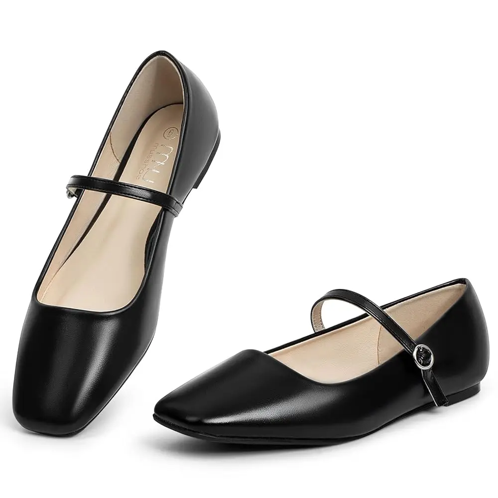 MUSSHOE Women’s Black-PU Mary Jane Slip-On Flats - Square Toe, Smooth, Adjustable Buckle, Slip-Resistant, Classic Chic Footwear for Work, School