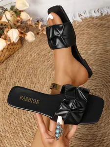 Women's Square Toe Metal Buckle Flat Sandals, Casual Plain Design, Textile Upper, Rubber Sole, Minimalist Luxurious Style, Elegant Open Toe Footwear