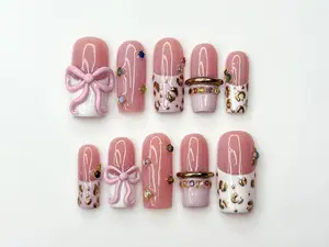 [NEW RELEASE] Blush Pink Leopard Press On Nails for Luxury Nail Lovers | Nude Pink Nails with 3D Bow Accent| Leopard French Tips with Gold Detail