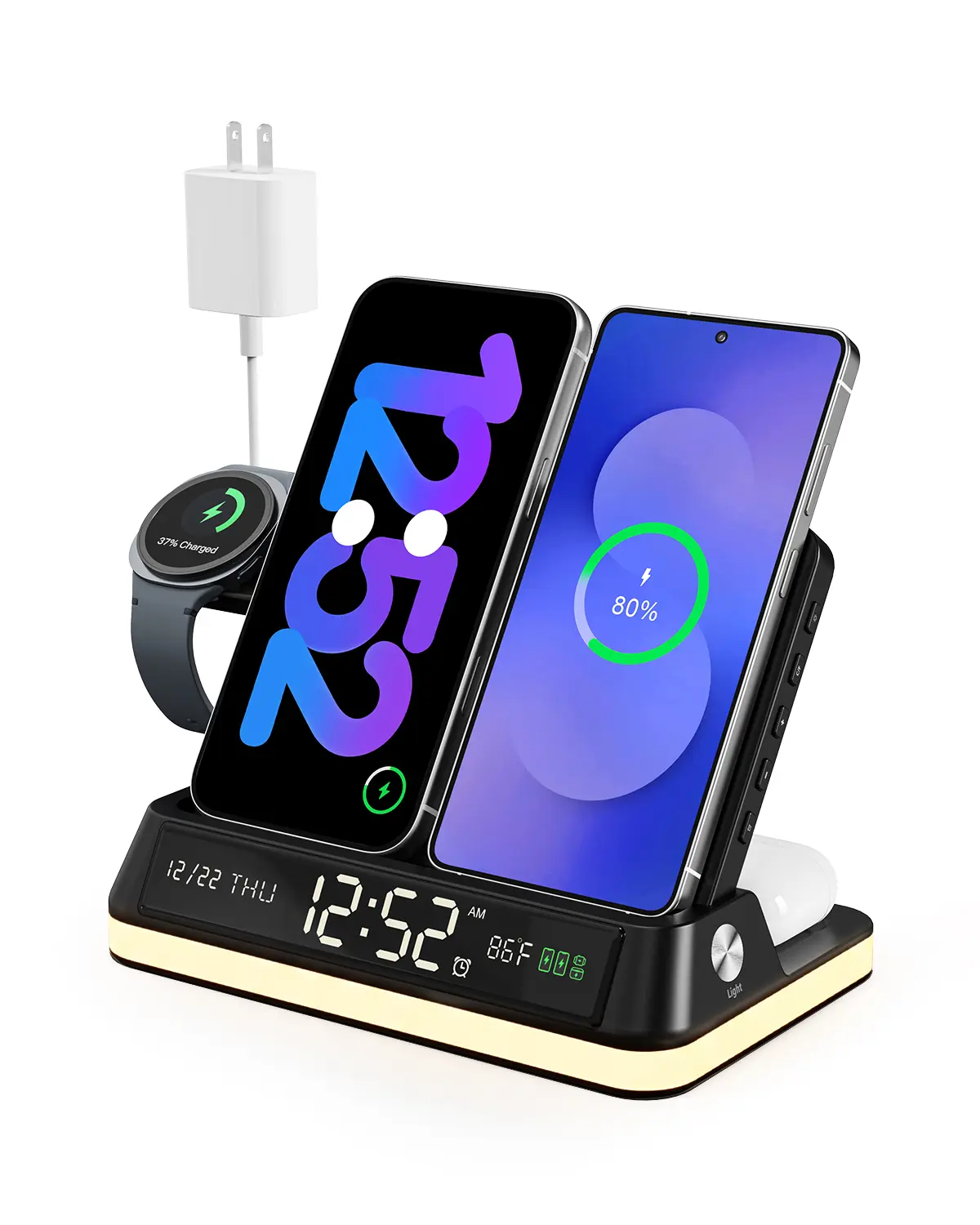 GoldJoy 7-in-1 Wireless Charging Station - Dual Phone Charging Dock with 33W Adapter, Bluetooth Sync Alarm Clock, Sunset Ambient LED Night Light for iPhone, Apple Watch, AirPods, Top Gift Idea