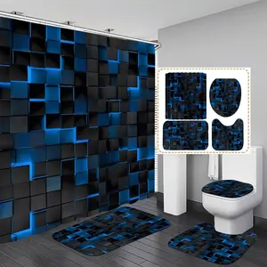 1/4pcs Blue Shower Curtain Set 3D Cubes Bathroom Sets Modern Shower Curtain Set for Bathroom Sets with Rugs Black and Blue Shower Curtain with 12 Hooks