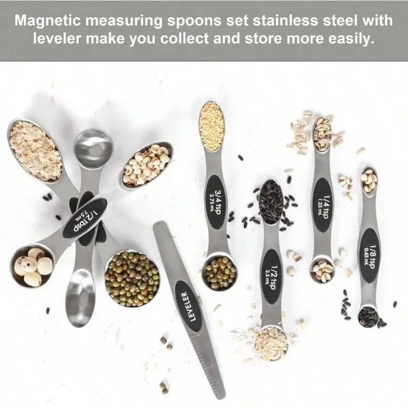 Magnetic Measuring Spoon Set with Leveler, Stackable Stainless Steel Spoons, Ideal for Baking, Fits Spice Jars, 8-Piece Kit