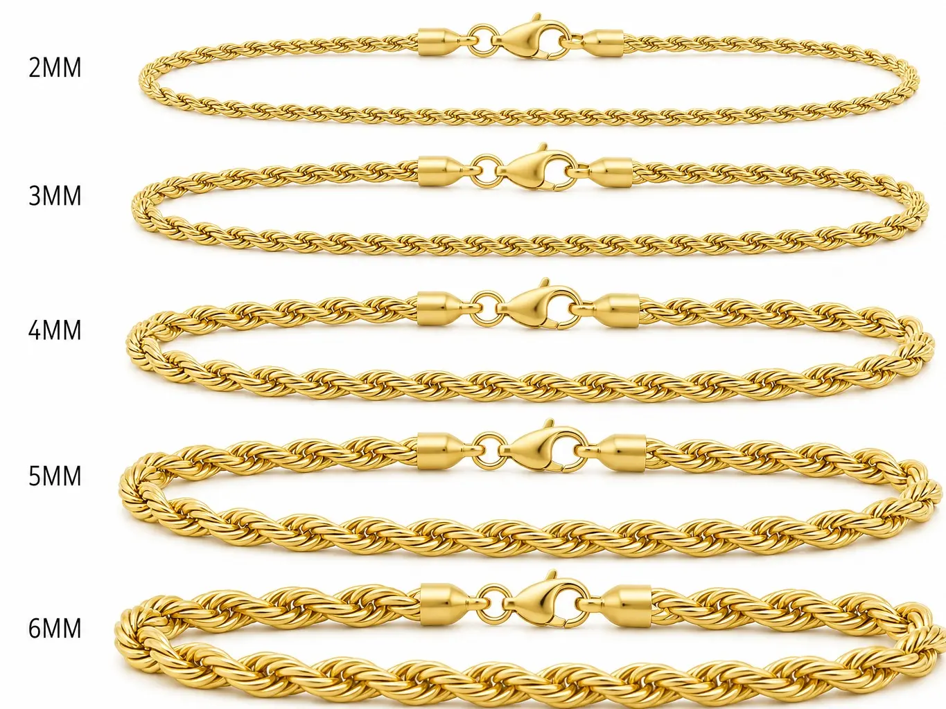 Gold Stainless Steel Rope Chain Bracelet for Men & Women | 2MM 3MM 4MM 5MM 6MM Sizes
