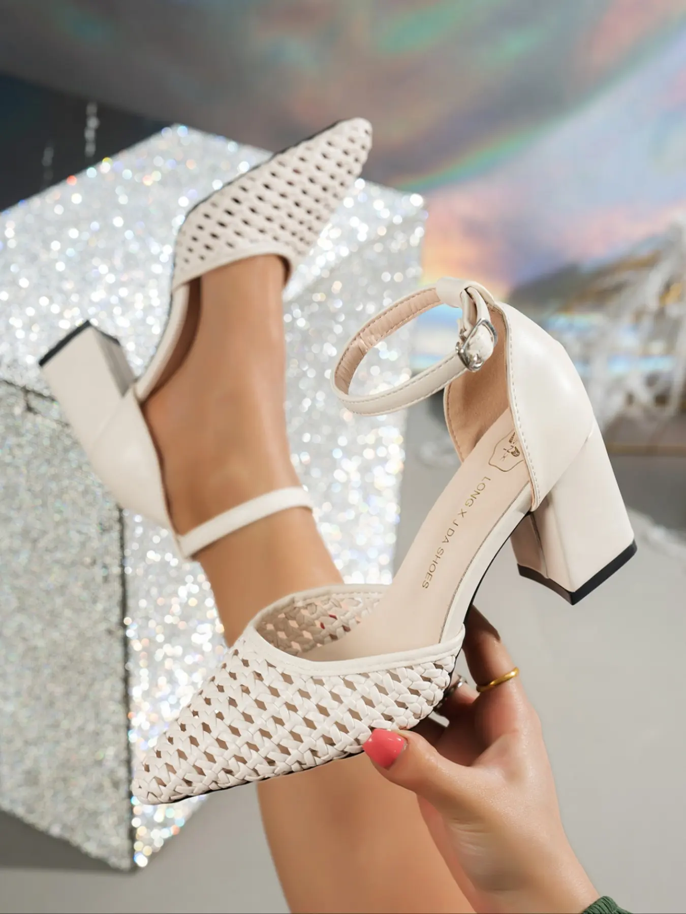 Women's Fairy Tale Wedding High Heel Sandals, Woven Mesh + Pointed Toe Chunky Heel, Perfect Match for Wedding and Daily Wear