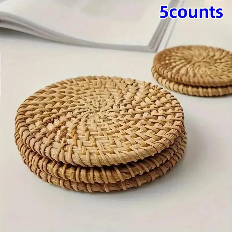 Woven Rattan Coaster, 5 Counts Round Rattan Cup Plate Coaster, Coasters for Drinks, Table Decoration for Home Kitchen Dining Room, Decorative Coaster, Rattan Placemat