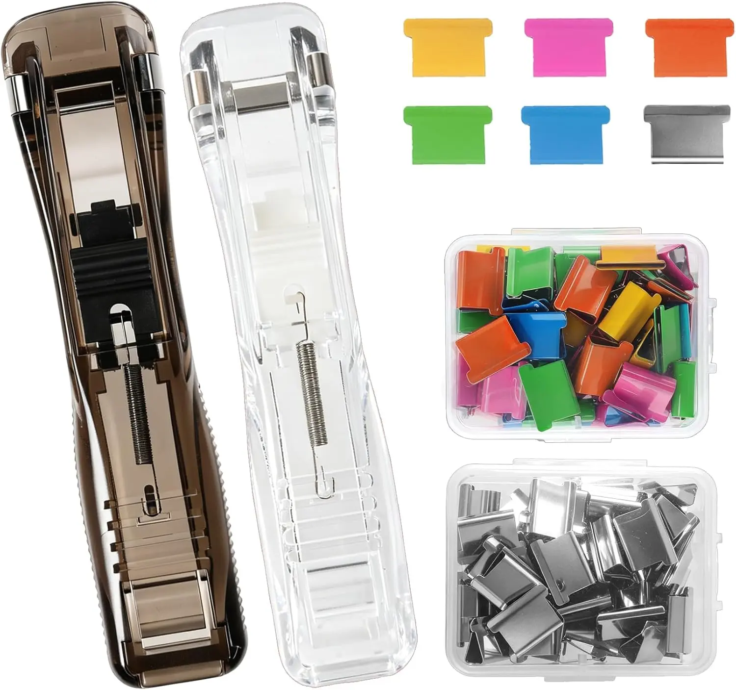 2Pcs Portable Stapleless Binder Clip Stapler Handheld No-Hole Paper Clamp Dispenser with Metal Refill Clips for Office School