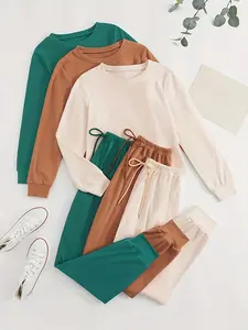 Women's Solid Color Long Sleeve Tee & Tie Front Elastic Waist Pants Loungewear Set, Casual Comfy Round Neck Top & Trousers PJ Set, Ladies Sleepwear for Spring & Fall