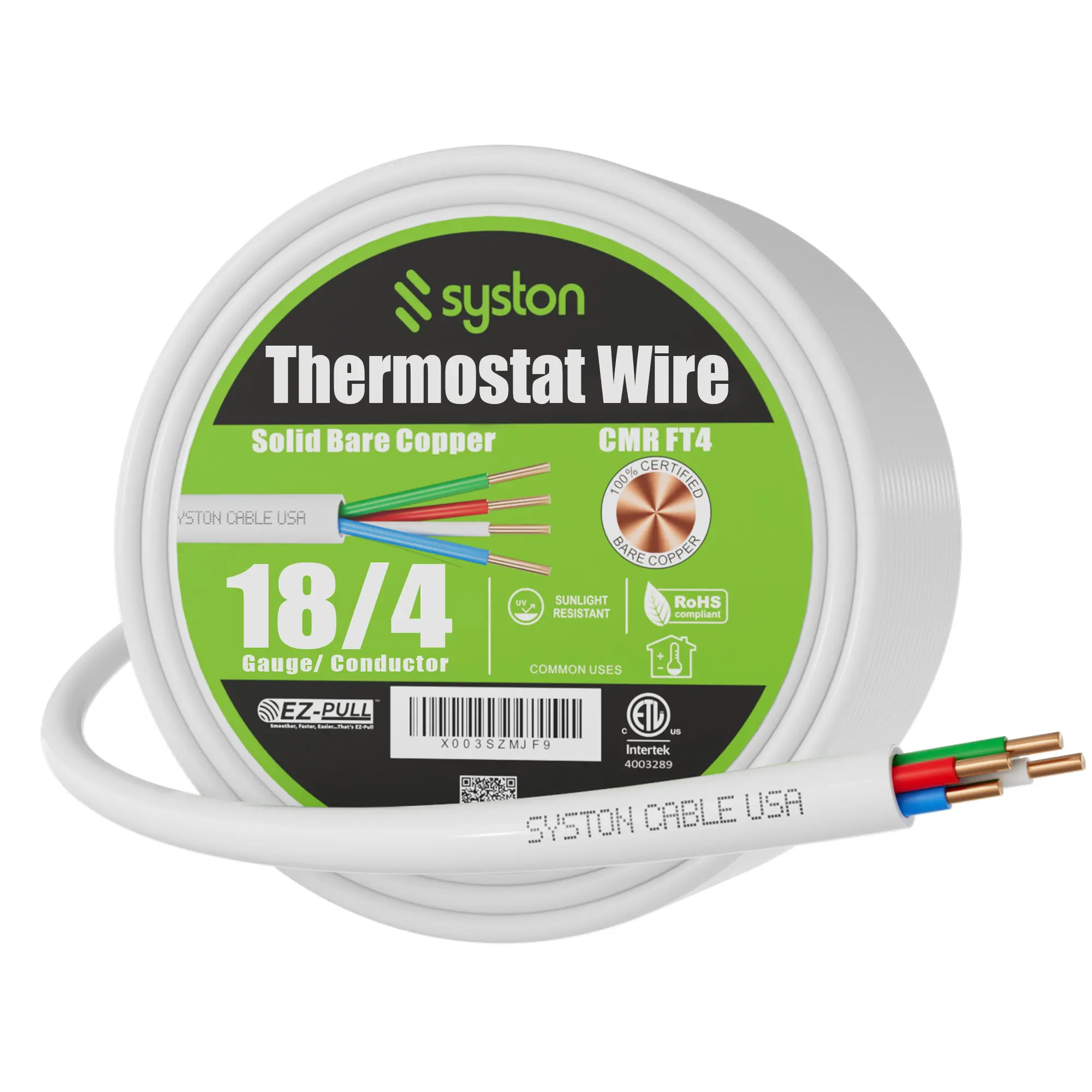 Syston 18/4 White Thermostat Control Cable - 18AWG 4 Conductors 100% Solid Copper  CL3R/CMR Rated 300V Low Voltage Wire for HVAC, Doorbells, Heating Systems, Alarm and Intercom Installations Indoor/Outdoor UV Resistant