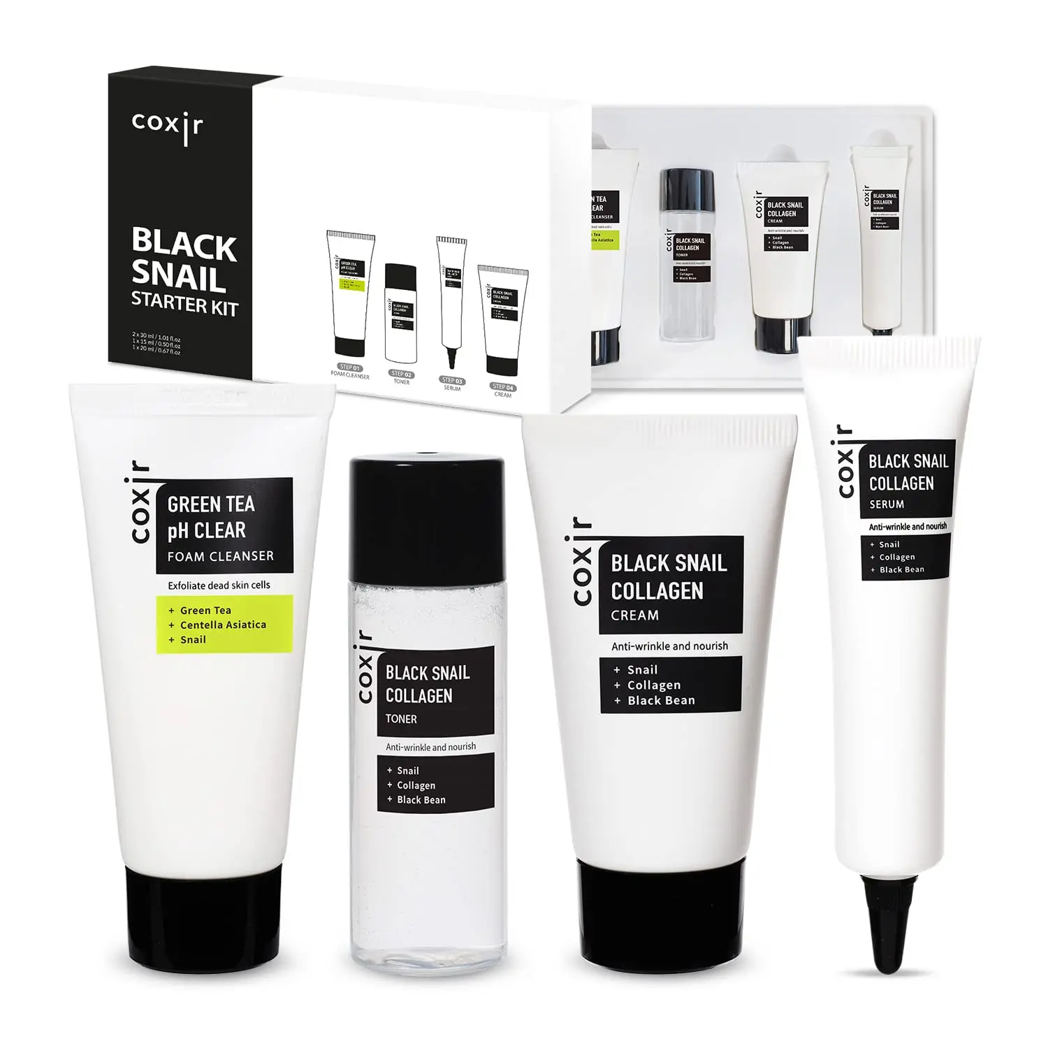 coxir BLACK SNAIL COLLAGEN STARTER KIT l Repairing&Firming | Black-3-Complex: Black Rice, Bean, Sesame, Snail Mucin, Collagen FOAM CLEANSER+TONER+SERUM+CREAM