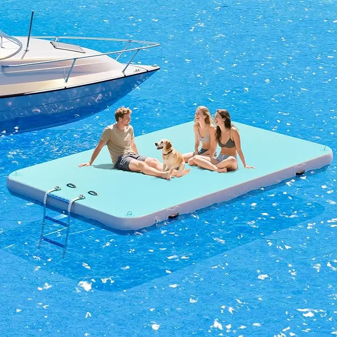 Amerlife Inflatable Pool Floats Lounge, 12 ft Diameter Circular Floating Dock for 8-10 People, 1.25mm Thick Heavy-Duty PVC Raft with Anti-Slip Padding, 8.6 ft Mesh Bed, Cup Holder Tray, Soft Ladder, Double-Stitched Seams, Organizer for Family Gatherings