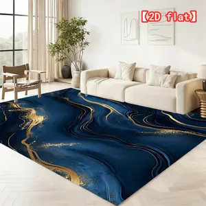 2D flat deep blue and gold abstract painting washable non-slip durable mat, suitable for living room, bedroom, and entrance, home decoration, comfortable and warm home